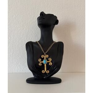 B29 Vintage ART Cross Necklace Faux Turquoise Cabochon Pendant Madonna Gothic